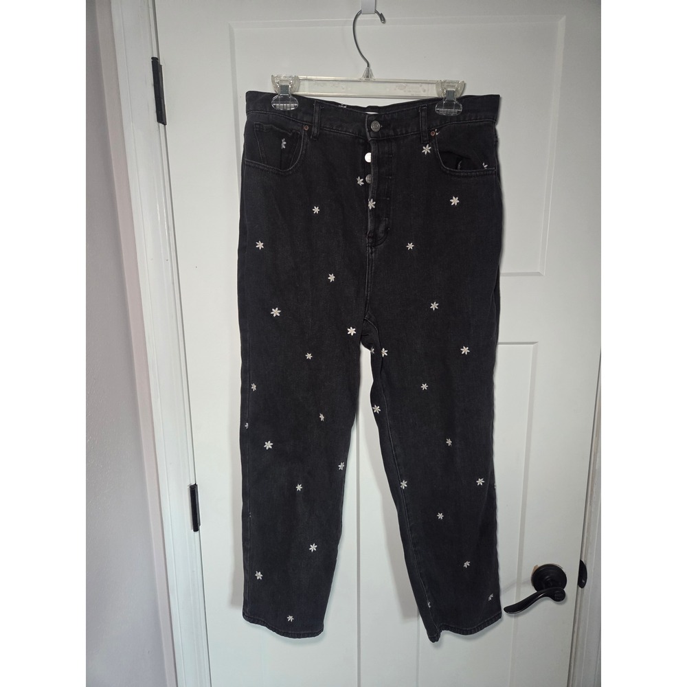 PacSun High Rise Straight Leg Jeans Black Daisy Floral Embroidered Size 30